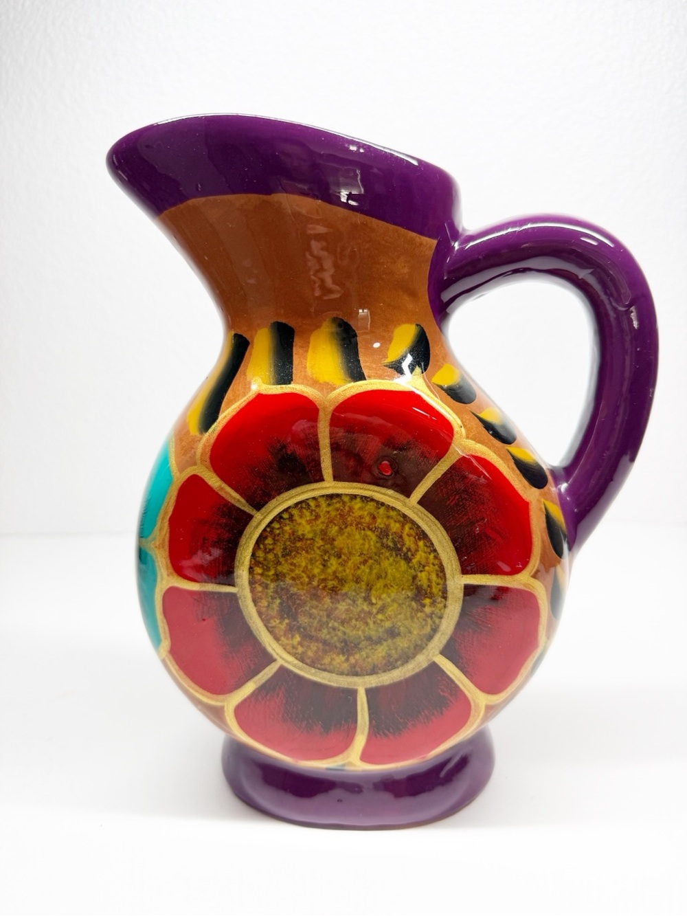 Hand Painted Mexican Floral Pitcher Vase - Picture 3 of 6